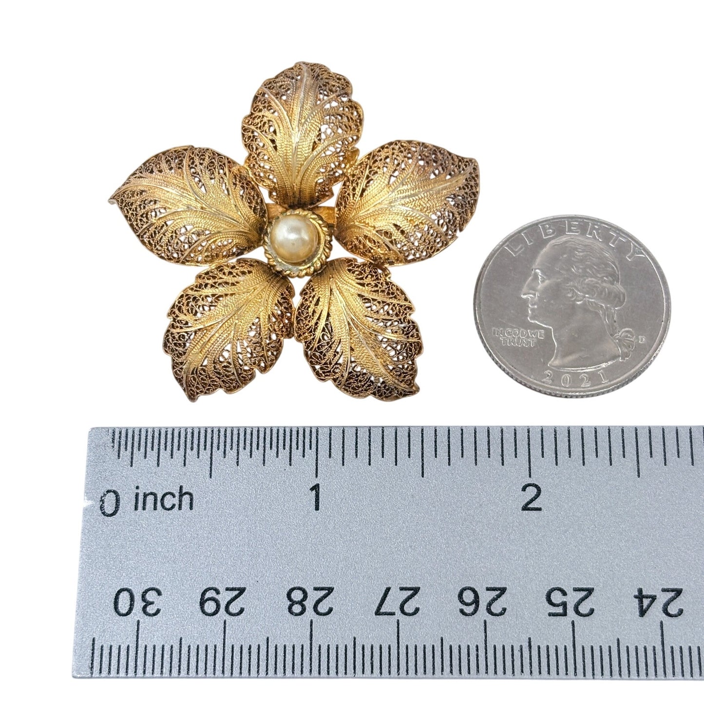 Vintage Topazio Portugal Gold-Tone Sterling Silver Pearl Filigree Flower Brooch