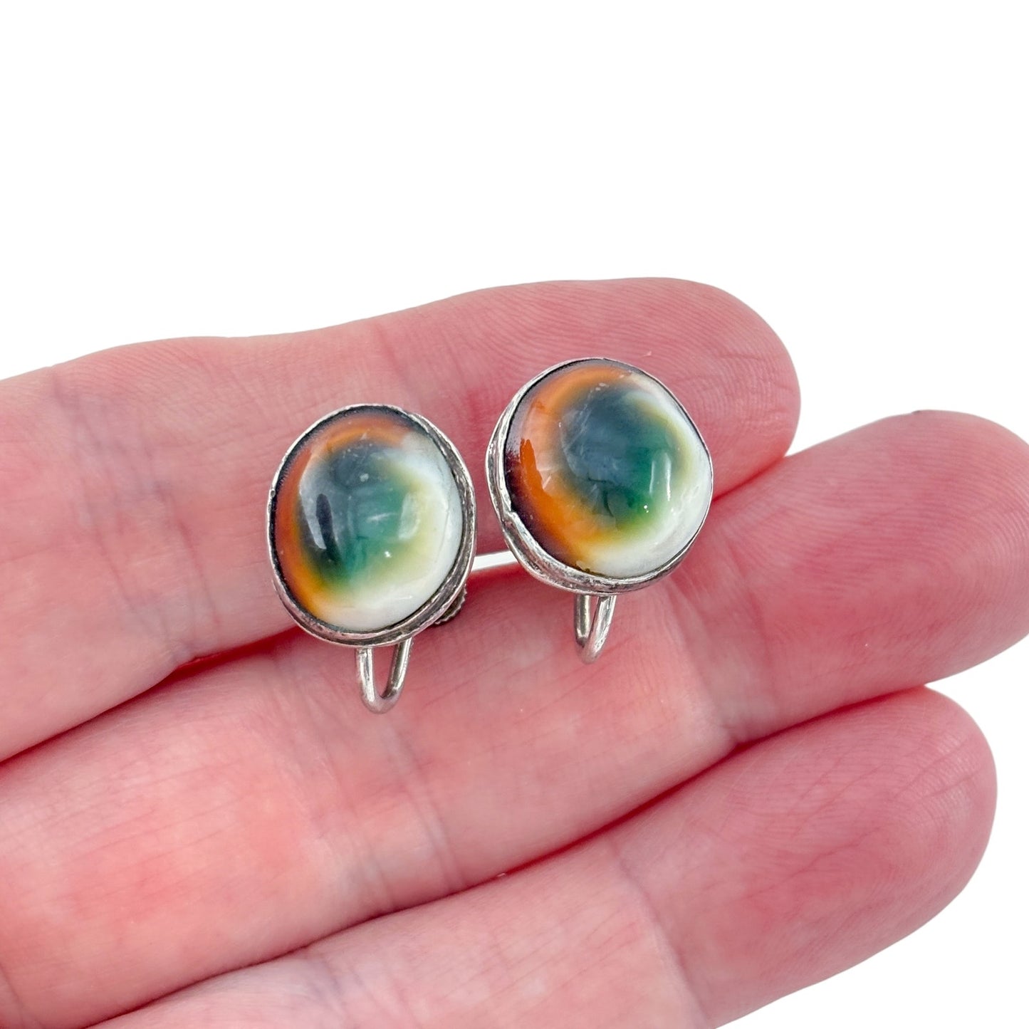 Vintage Sterling Silver 925 Green Cat’s Eye Shiva Shell Earrings