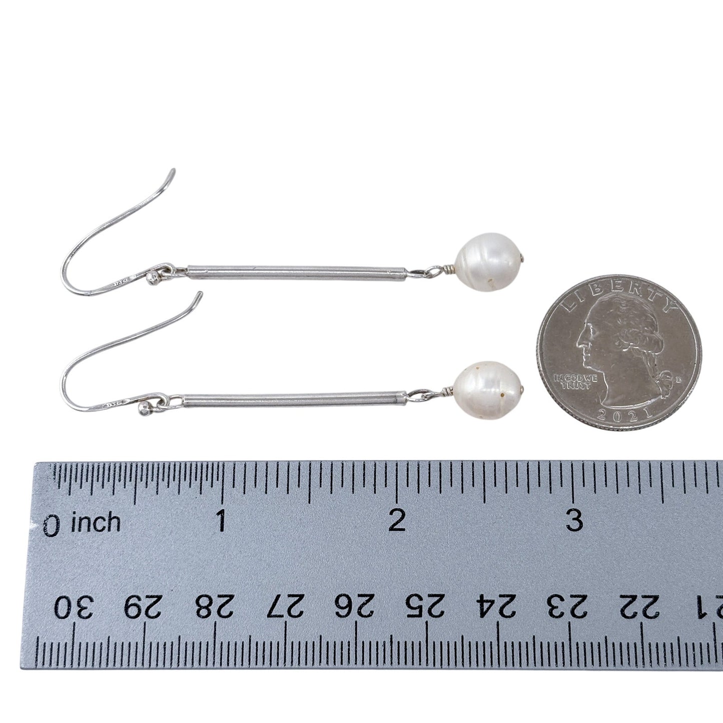 Estate Sterling Silver 925 Pearl Bar Drop Earrings