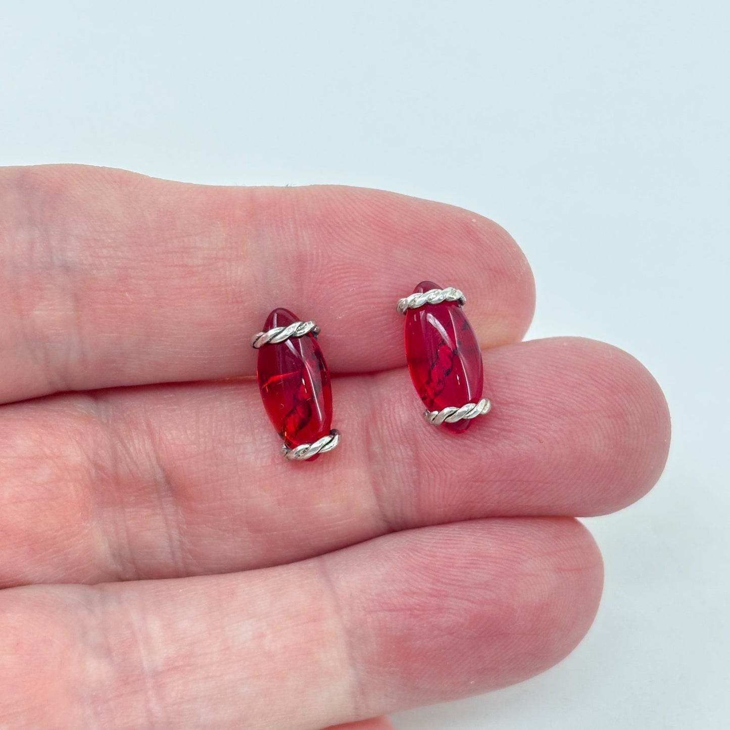 Vintage Sterling Silver 925 Red Resin Marquise Stud Earrings