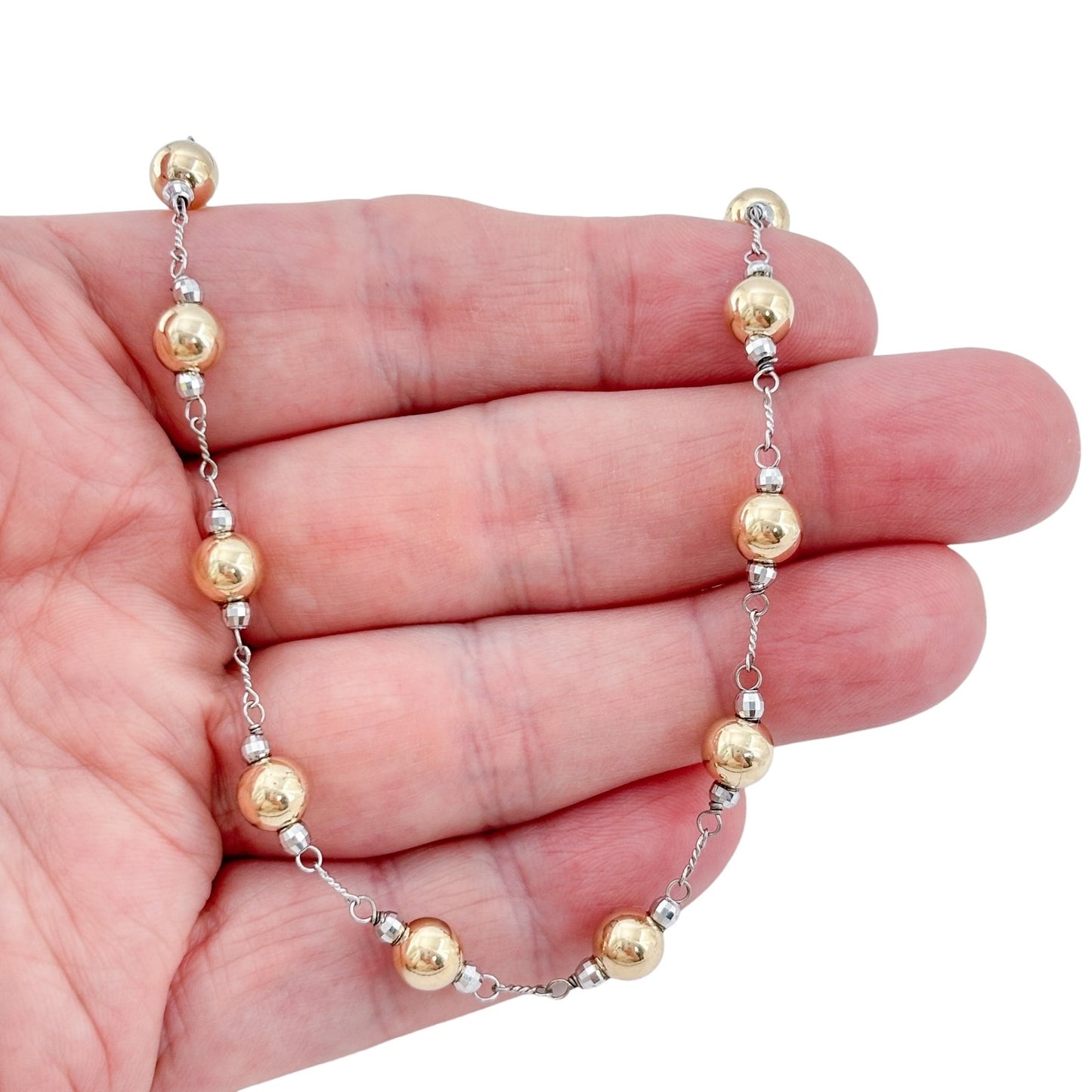 Vintage Sterling Silver 925 10K Gold-Filled Bead Station Necklace 17.5"
