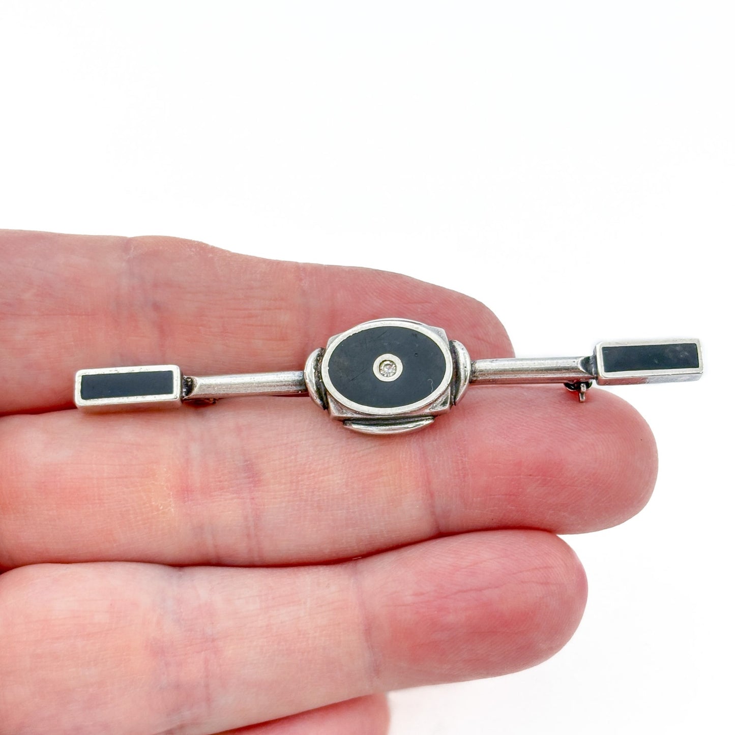 Vintage Sterling Silver 925 Onyx Cubic Zirconia Bar Brooch