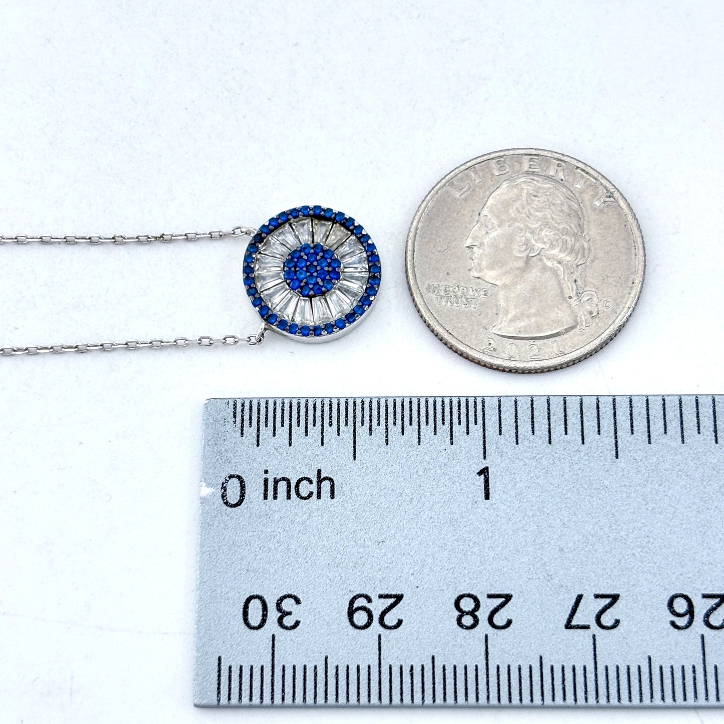 Vintage Sterling Silver Blue Cubic Zirconia Evil Eye Pendant Necklace 16"-18"