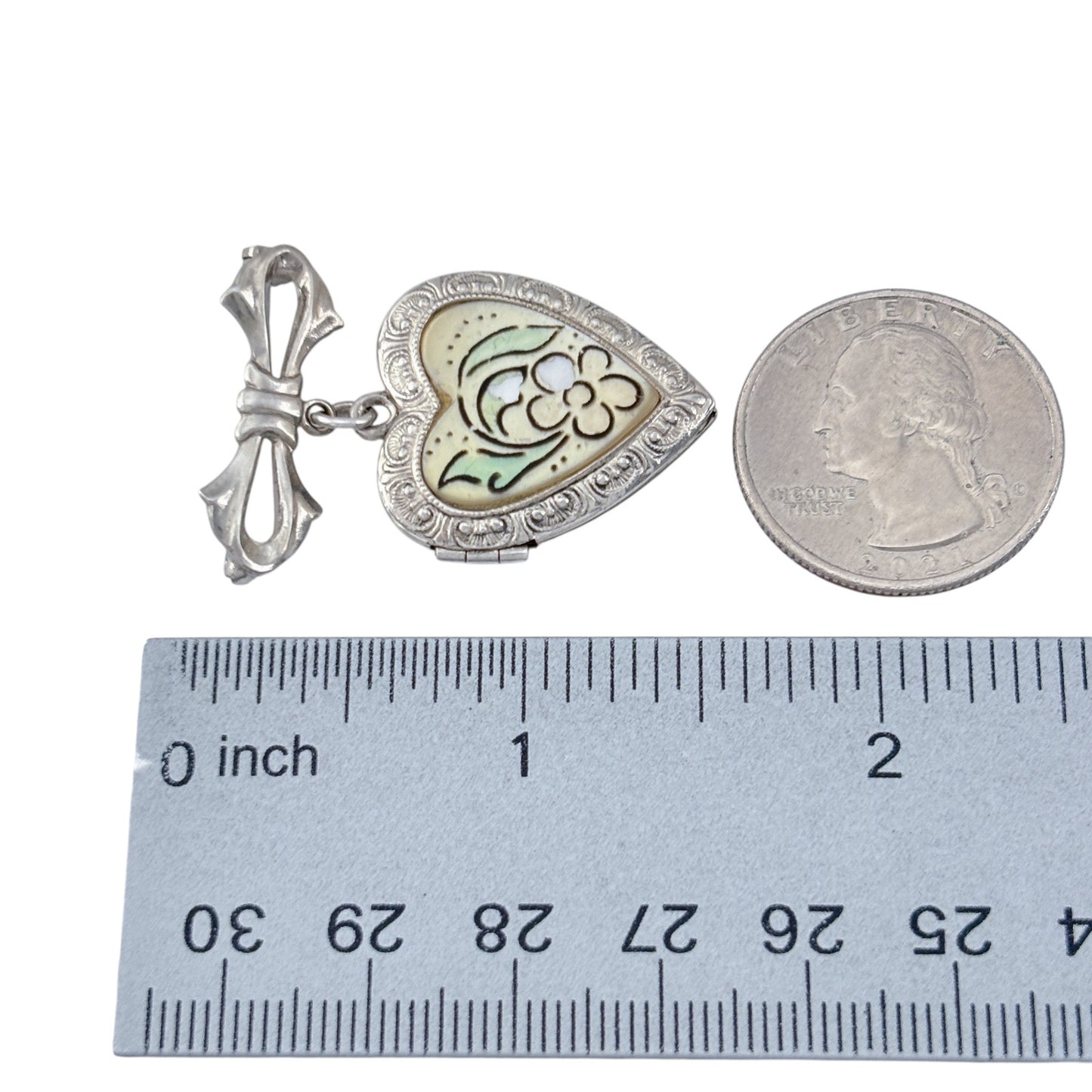 Vintage Sterling Silver 925 Floral Mother of Pearl Heart Locket Brooch
