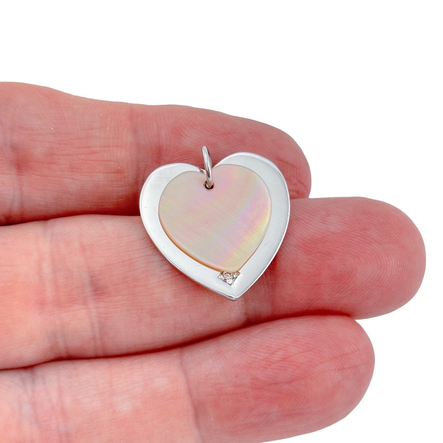 Vintage Sterling Silver 925 Diamond Mother of Pearl Heart Pendant