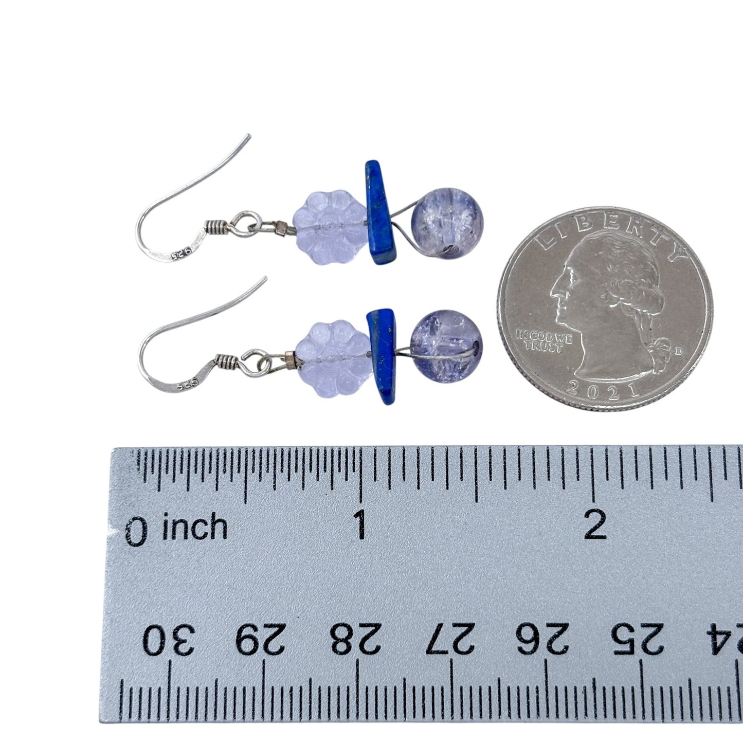 Vintage Sterling Silver 925 Blue Lapis Lazuli Glass Bead Dangle Earrings
