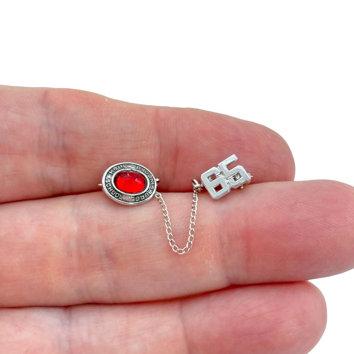 Vintage Sterling Silver 925 Red Glass Bloomsburg High School 1965 Lapel Pin