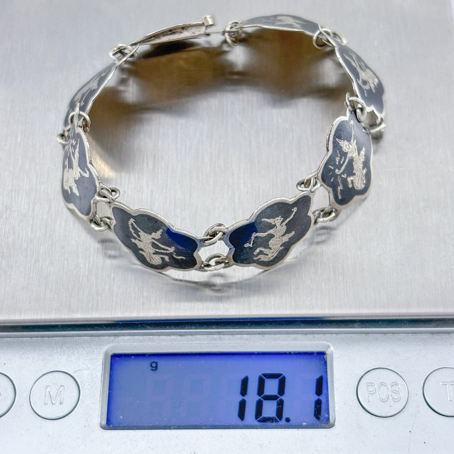 Vintage Siam Sterling Silver 925 Black Niello Dancer Bracelet 7.25"