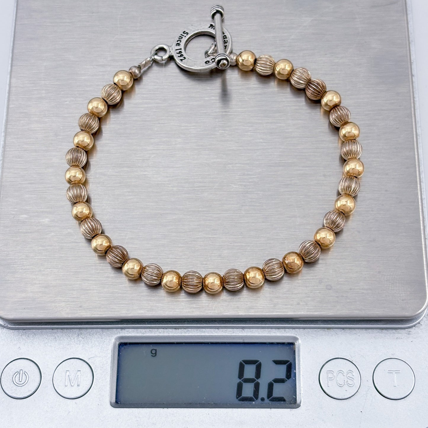 Vintage Sterling Silver 925 Gold Silver Bead Bracelet 8"
