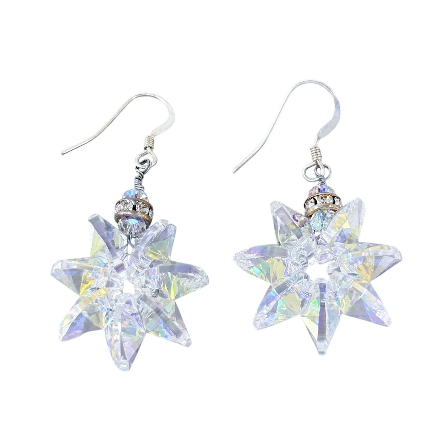 Vintage Sterling Silver 925 Aurora Borealis AB Crystal Star Dangle Earrings