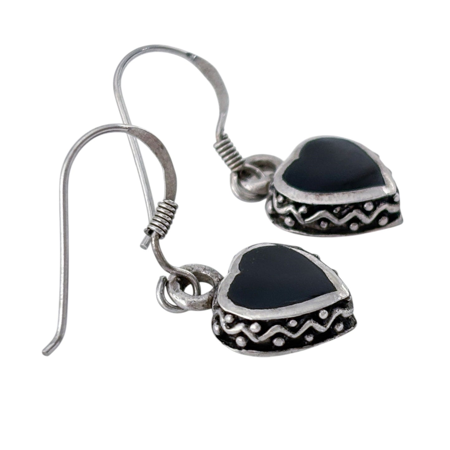 Vintage Sterling Silver 925 Black Onyx Heart Dangle Earrings