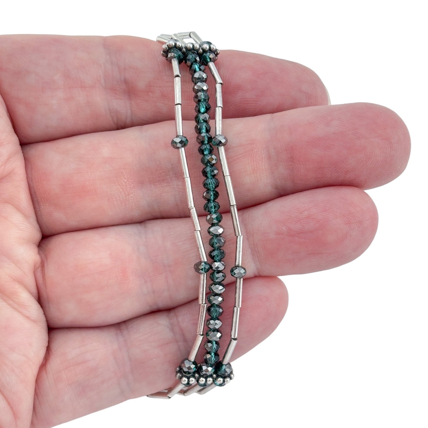 Vintage Sterling Silver 925 Multi Strand Green Crystal Bracelet 8"
