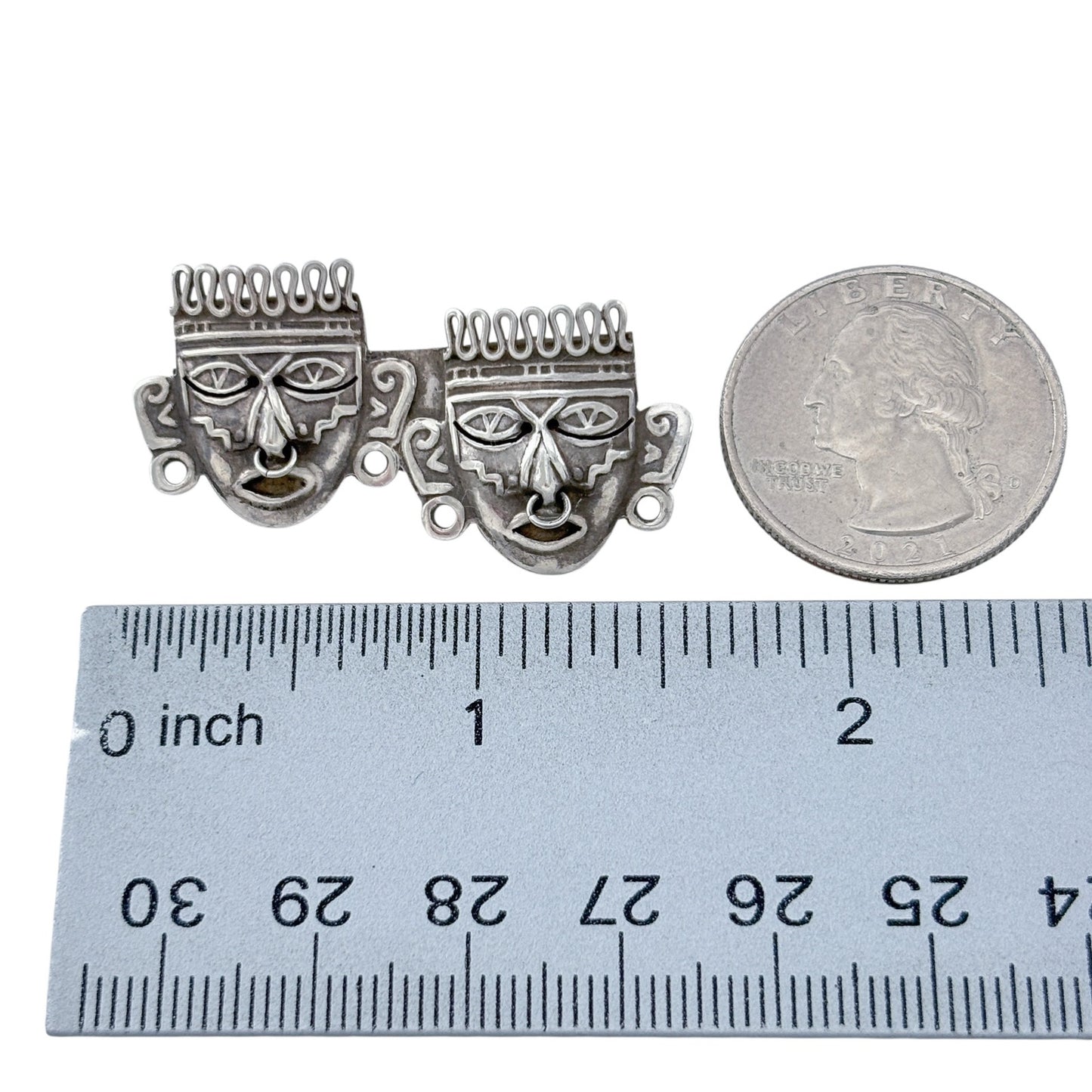 Vintage Sterling Silver 925 Mexico Dual Aztec Mask Brooch