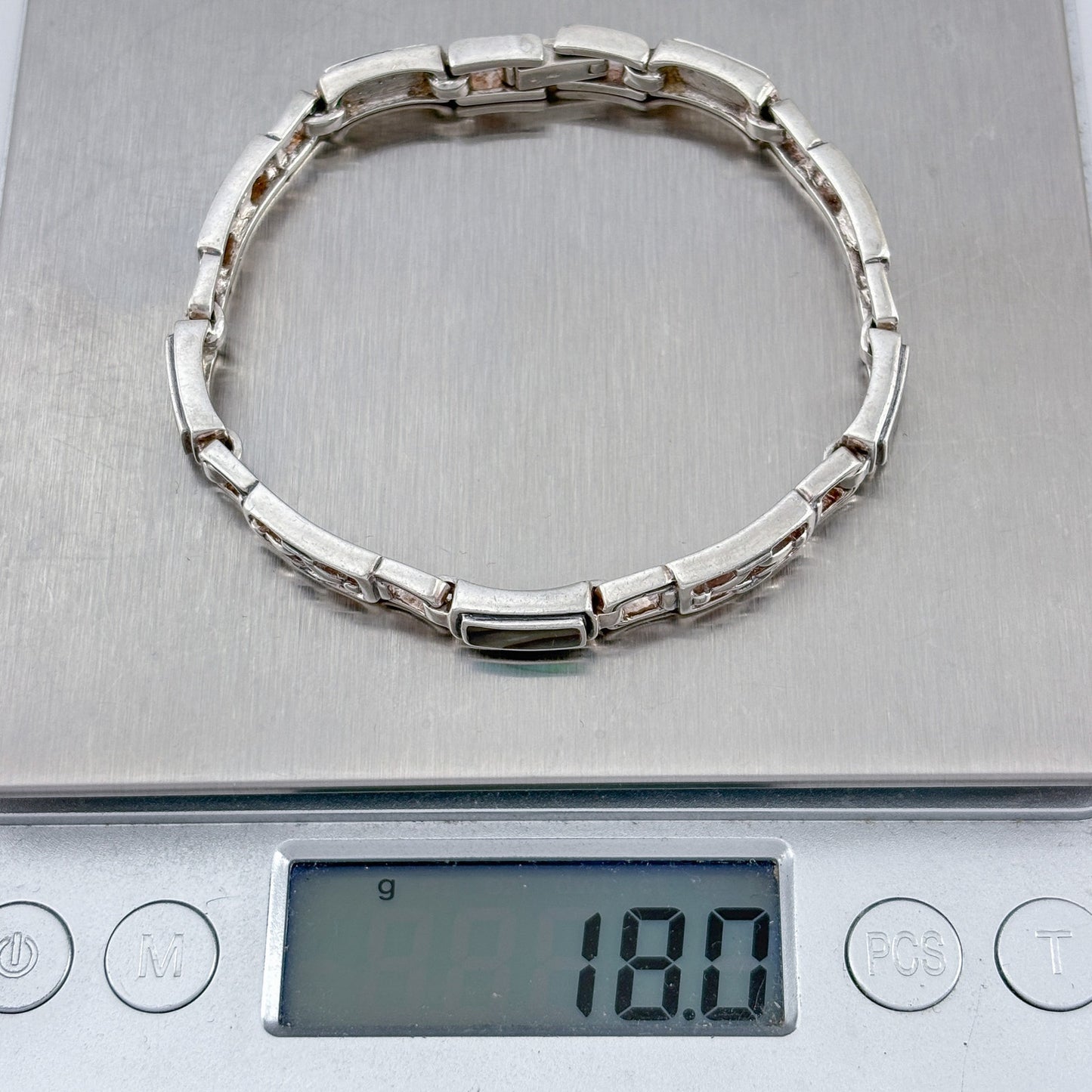 Vintage Sterling Silver 925 Abalone Inlay Link Bracelet 7"