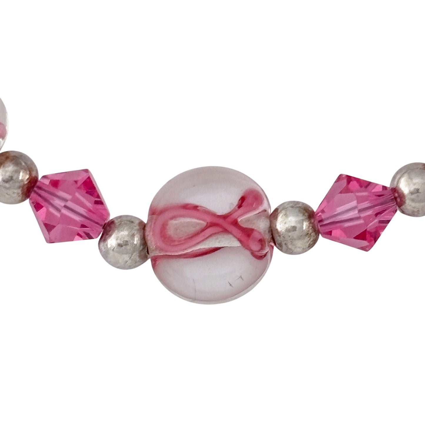 Vintage Sterling Silver 925 Lampwork Glass Pink Ribbon Awareness Bracelet 7.5"