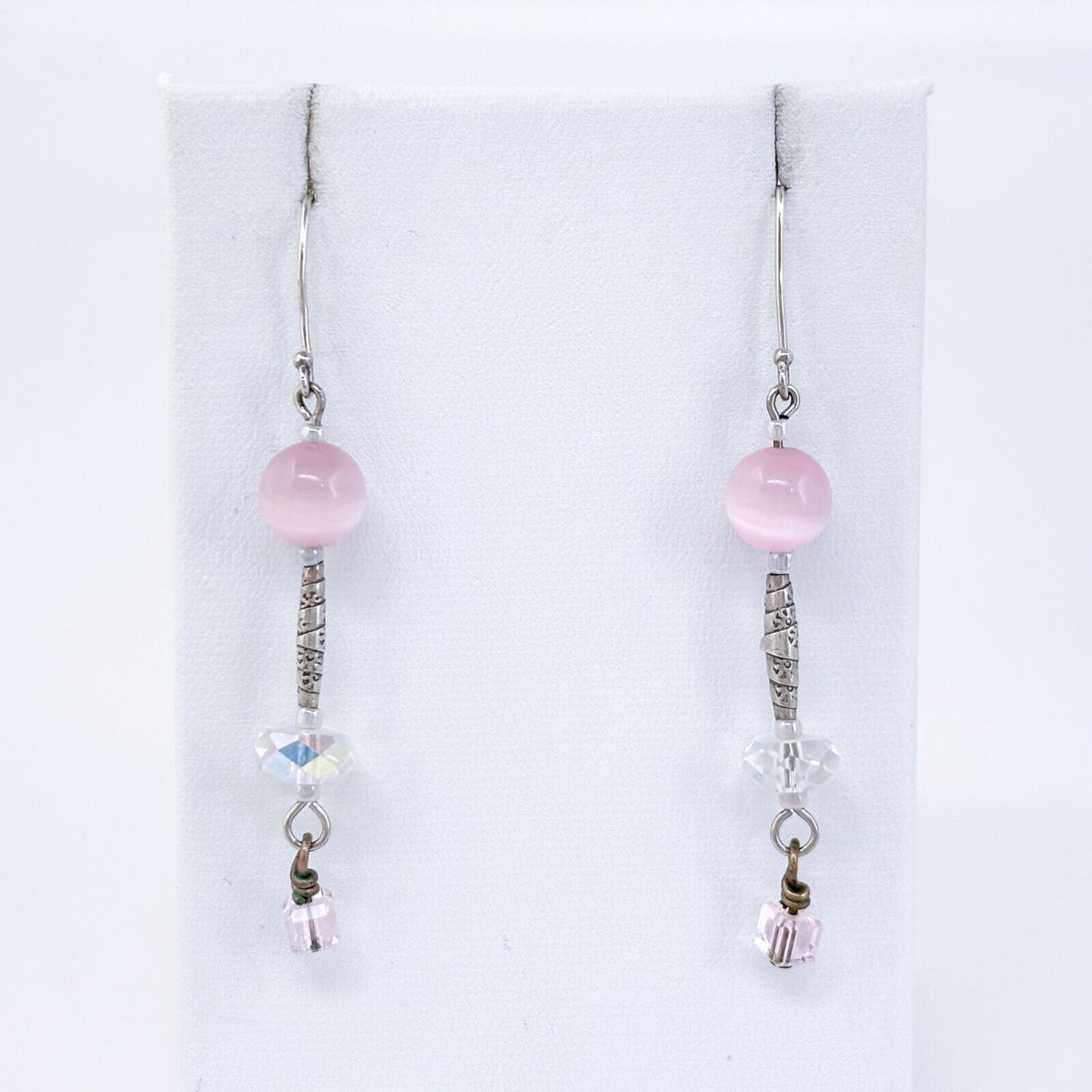 Vintage Silver-Tone Pink Beaded Dangle Earrings