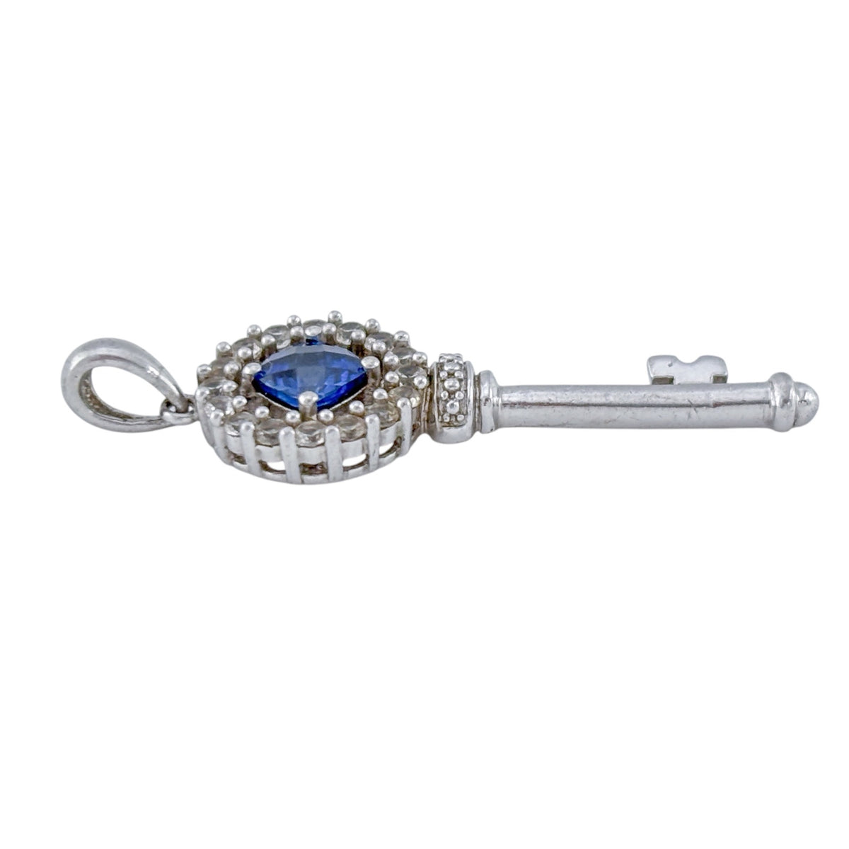Vintage Sterling Silver 925 Lab Created Blue & White Sapphire Key Pendant