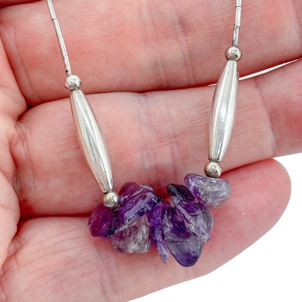 Vintage Sterling Silver 925 Liquid Silver Amethyst Necklace 17"