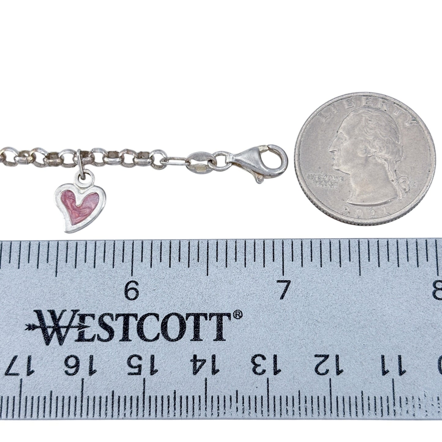 Vintage Sterling Silver 925 Pink Heart Charm Bracelet 7"