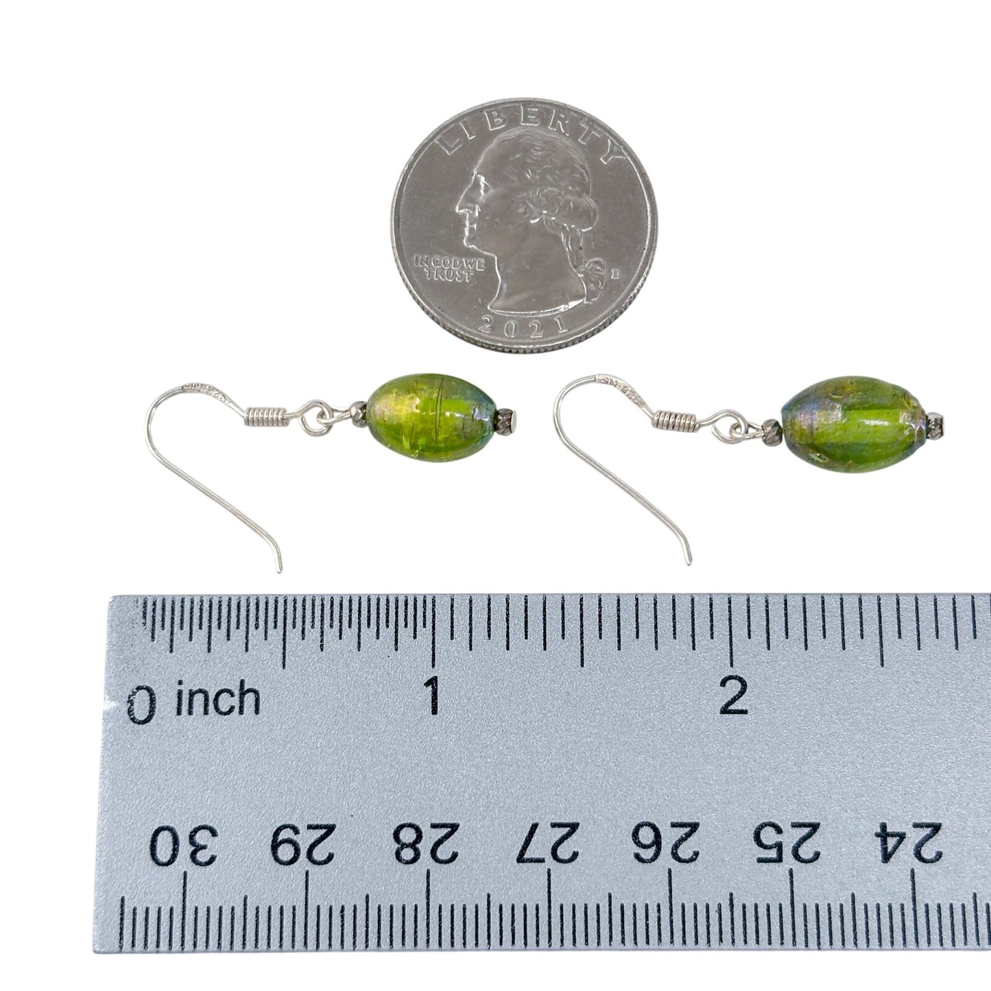 Vintage Sterling Silver 925 Green Glass Bead Drop Earrings