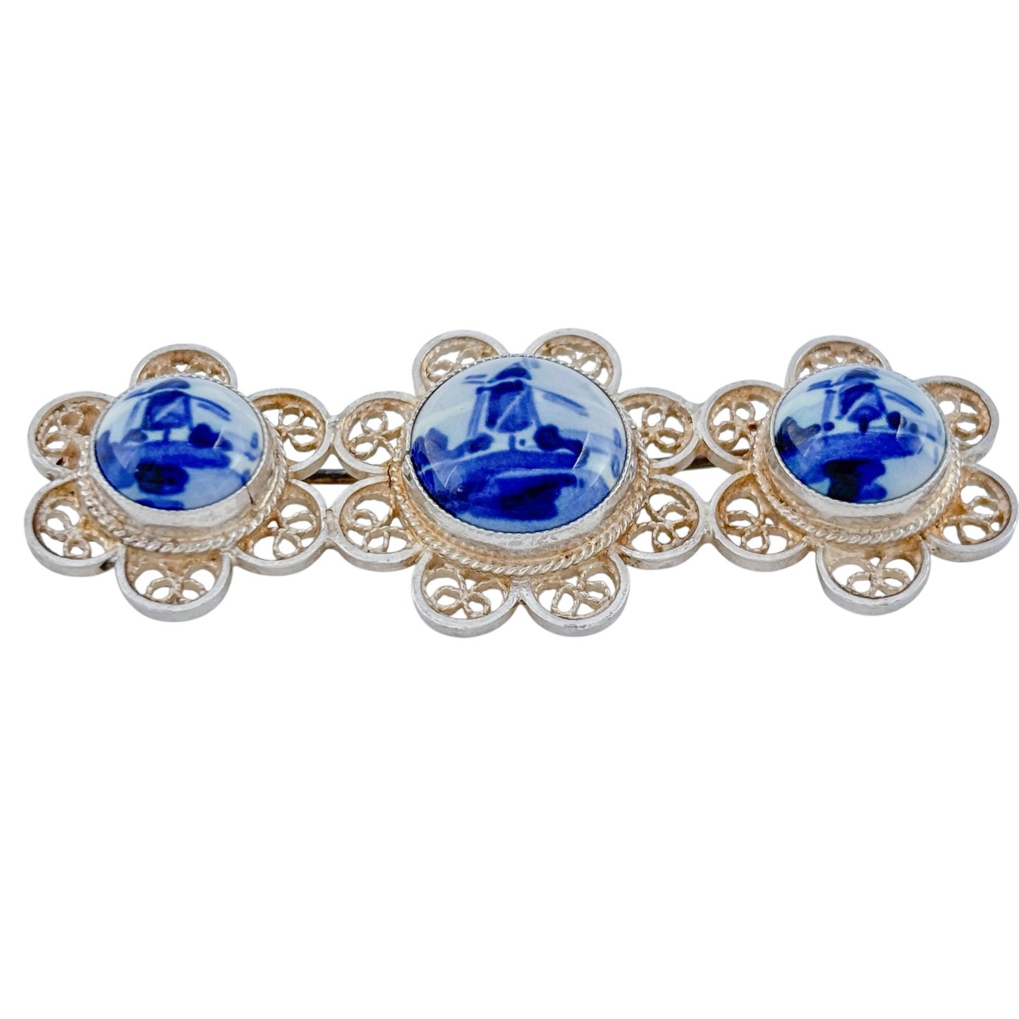 Vintage Sterling Silver 925 Delft 3 Panel Brooch