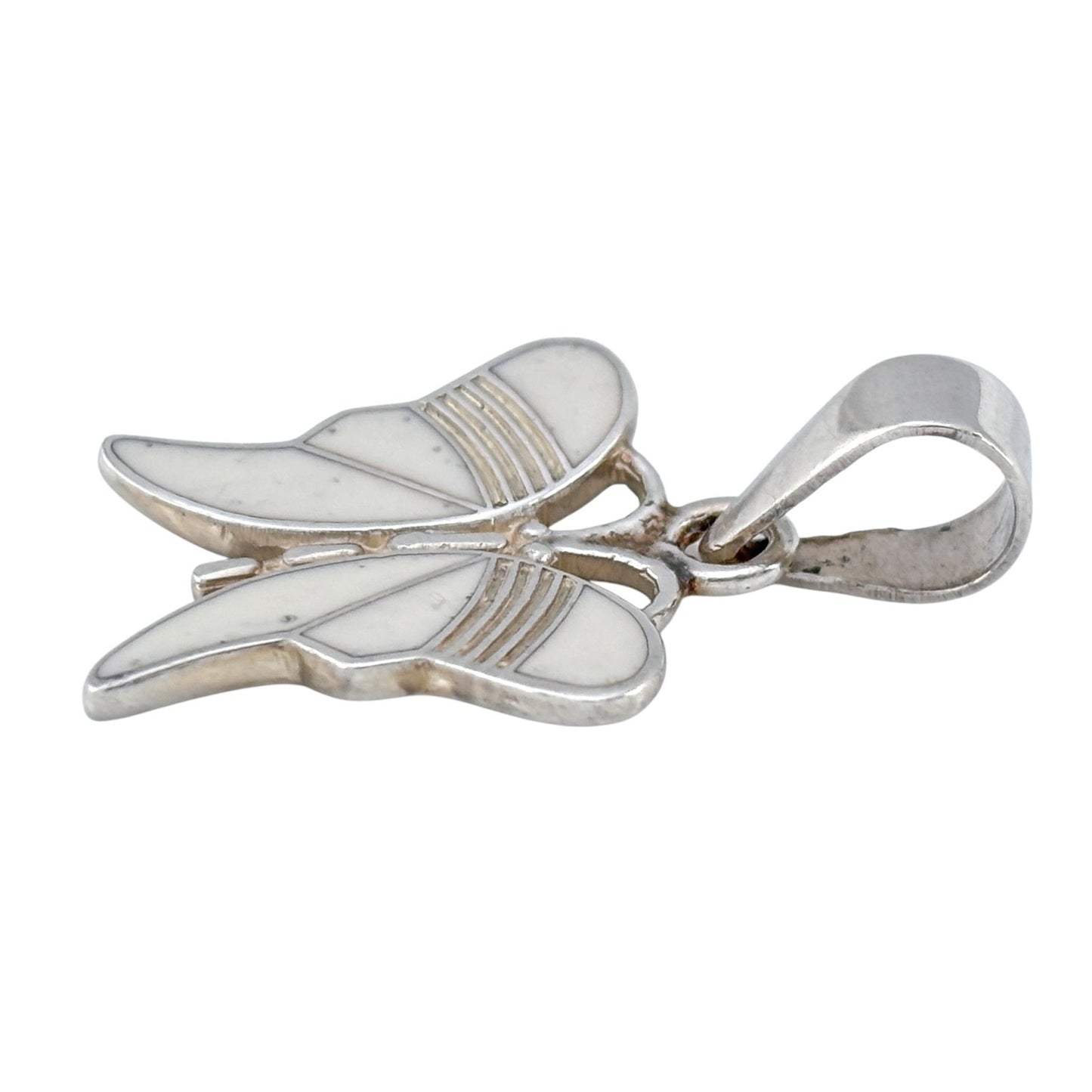 Vintage Mexico Taxco Sterling Silver 925 White Enamel Butterfly Pendant