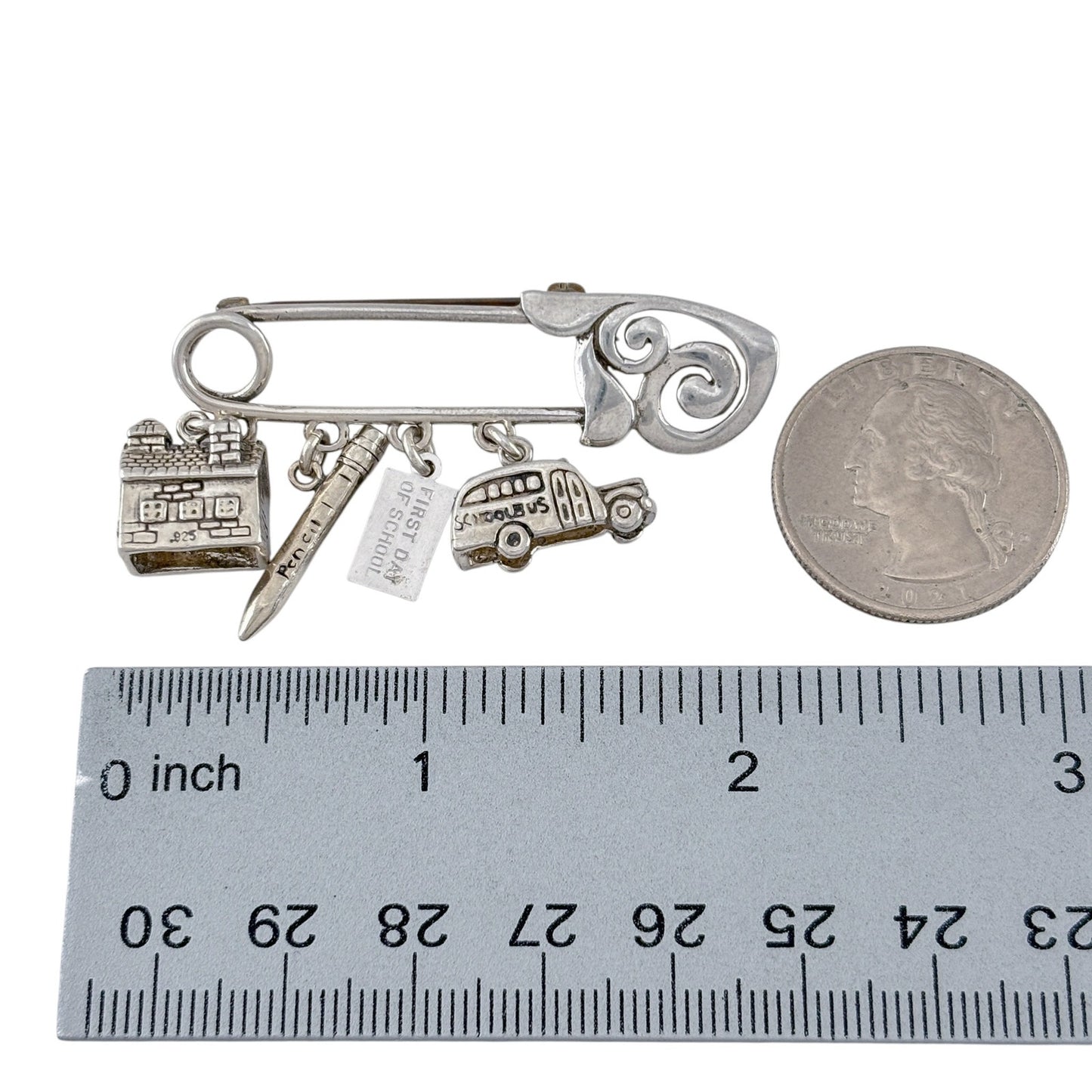 Vintage Sterling Silver 925 First Day School Charm Safety Pin Brooch