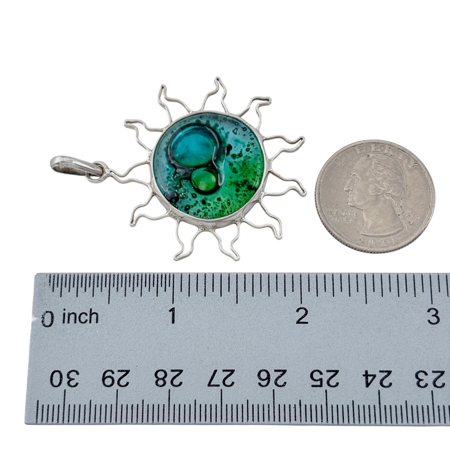 Vintage Sterling Silver 925 Green Glass Sun Pendant