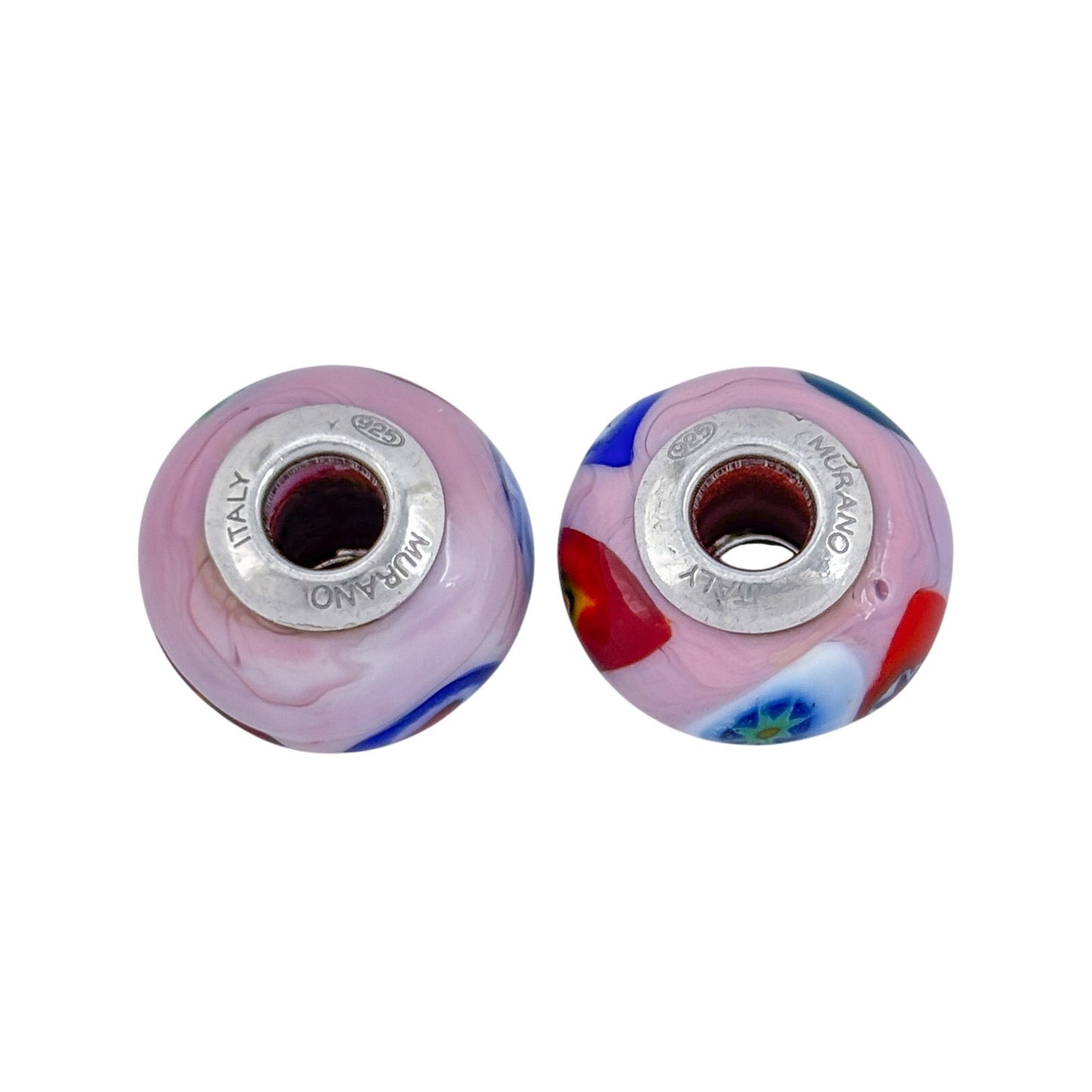 Vintage Sterling Silver 925 Pink Floral Murano Glass Charm Beads