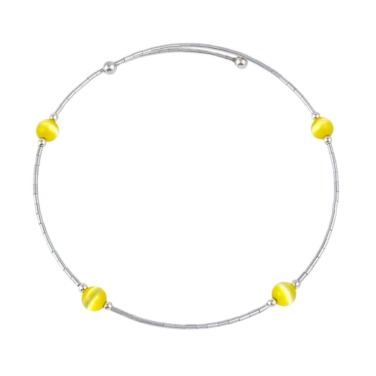 Vintage Sterling Silver 925 Yellow Cat’s Eye Memory Wire Bracelet 8"