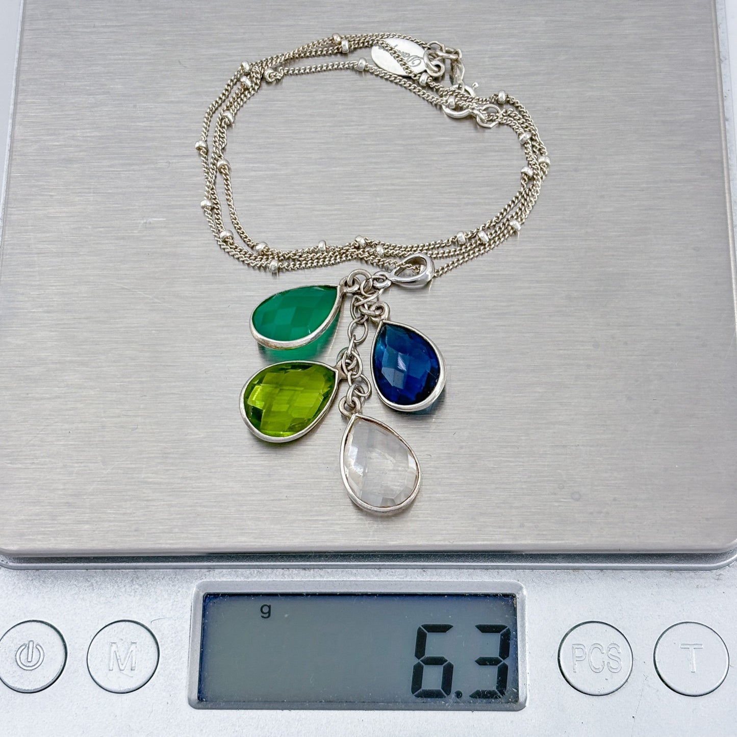 Vintage Sterling Silver 925 Blue Green Glass Teardrop Pendant Necklace 16"