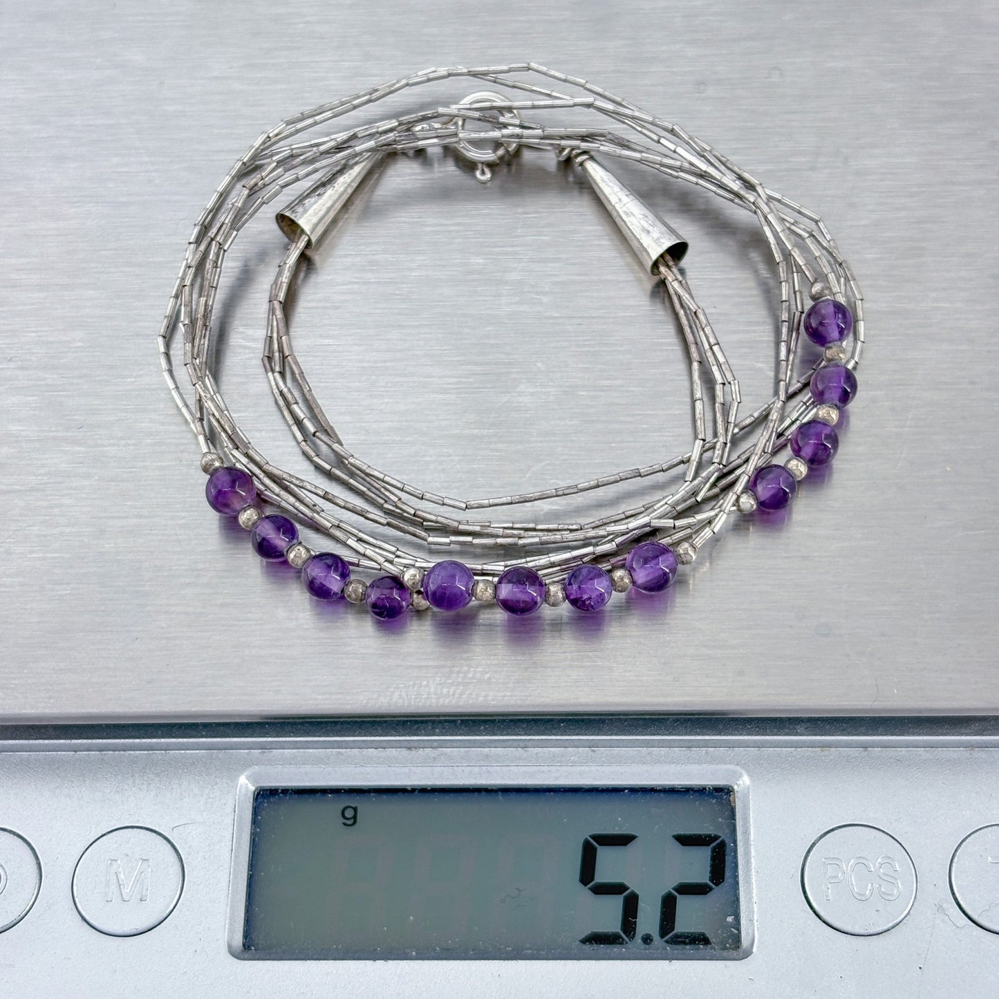 Vintage Sterling Silver 925 Liquid Silver Amethyst Bead Necklace 18"