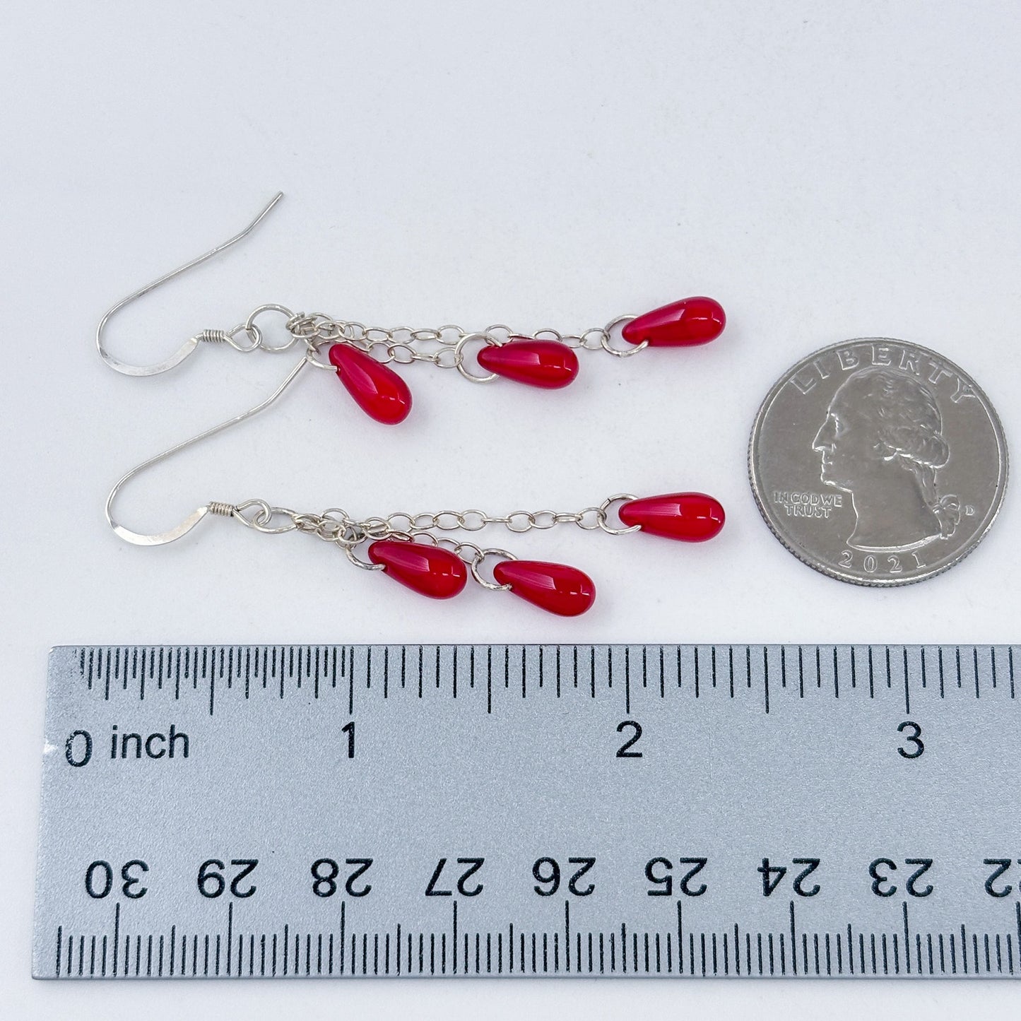 Vintage Sterling Silver 925 Red Glass Dangle Earrings