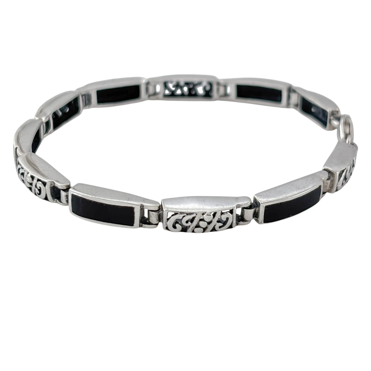 Vintage Sterling Silver 925 Black Onyx Inlay Link Bracelet 7"