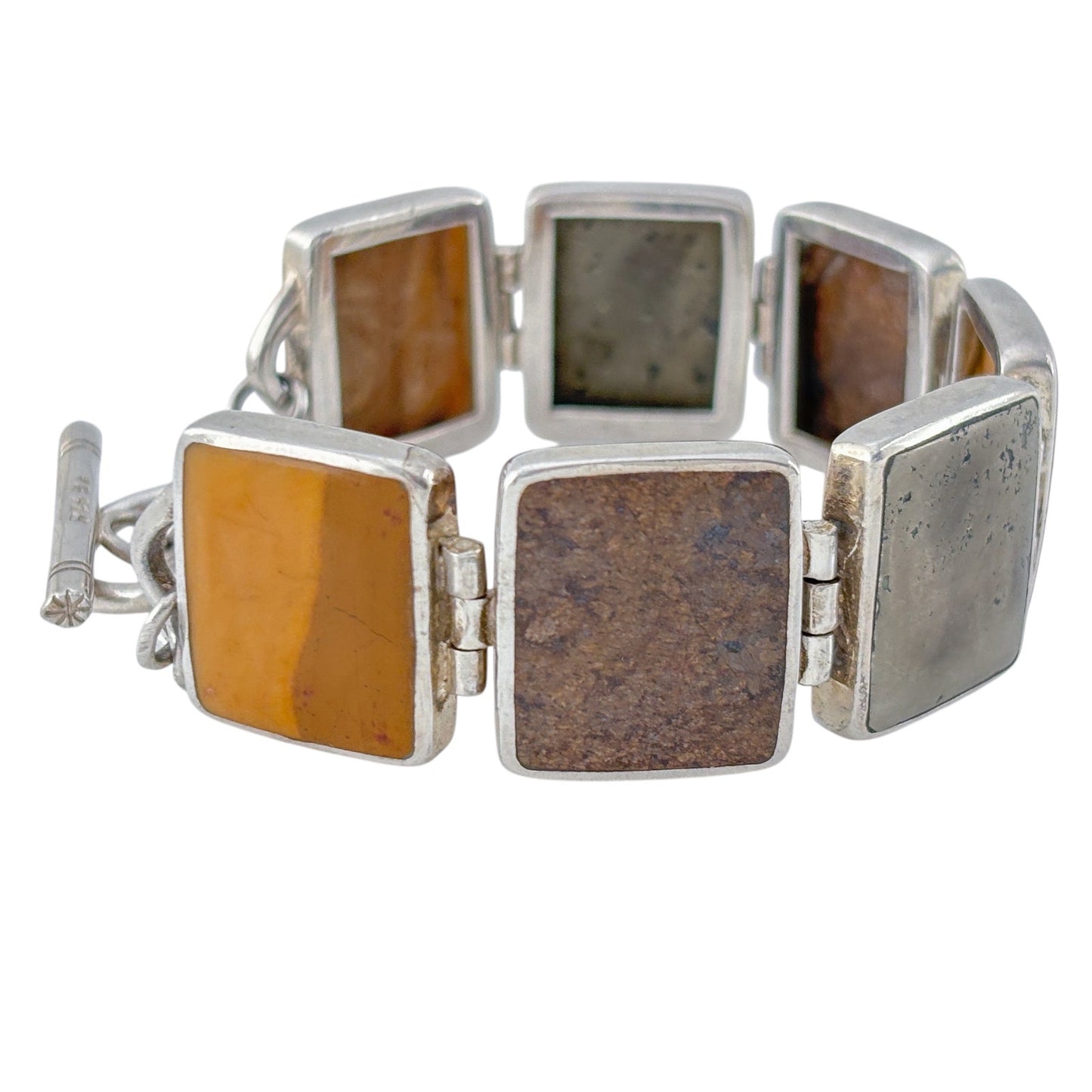 Vintage Sterling Silver 925 Pyrite Bronzite Jasper Link Bracelet 7.25"