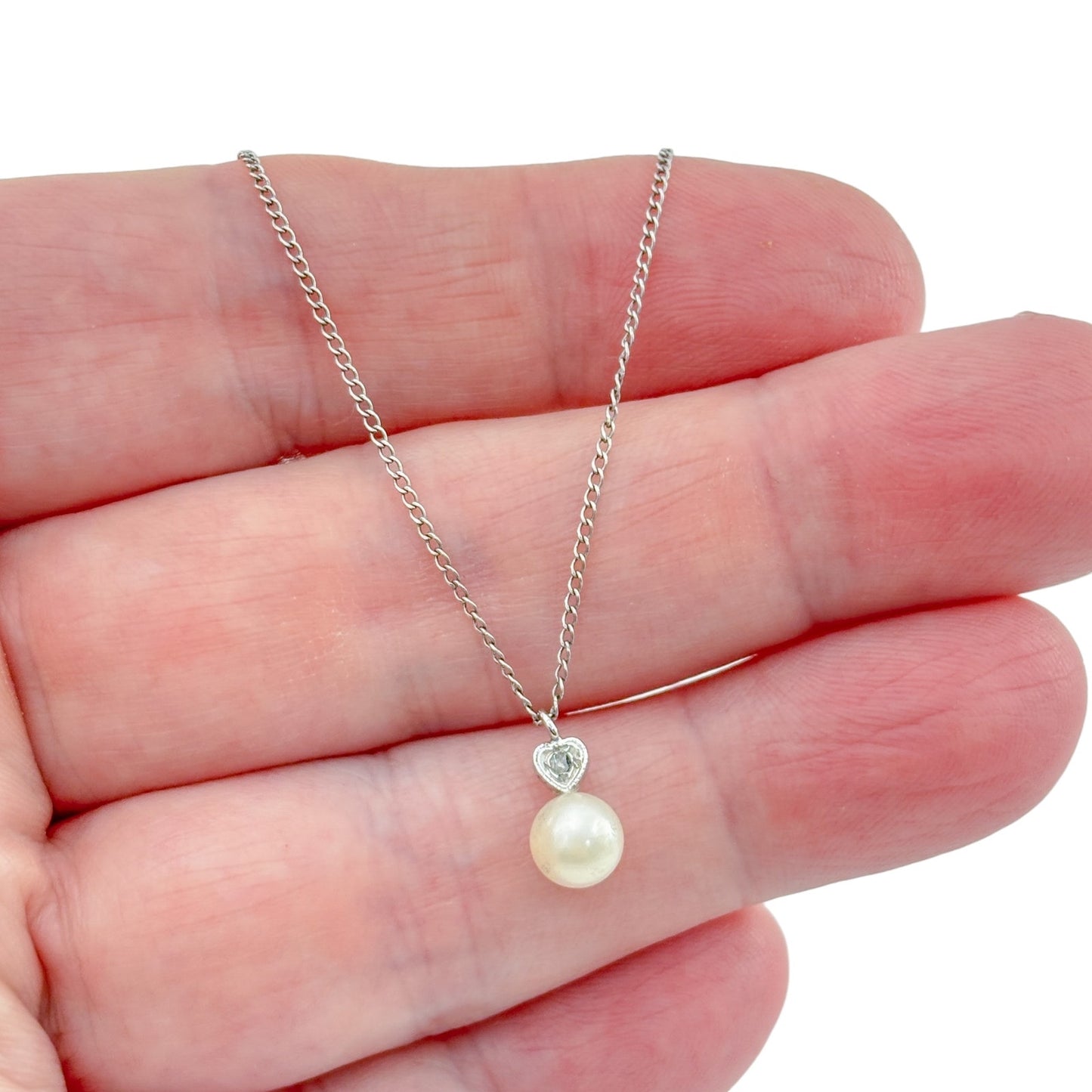 Vintage Sterling Silver 925 Diamond Pearl Drop Pendant Necklace 15"