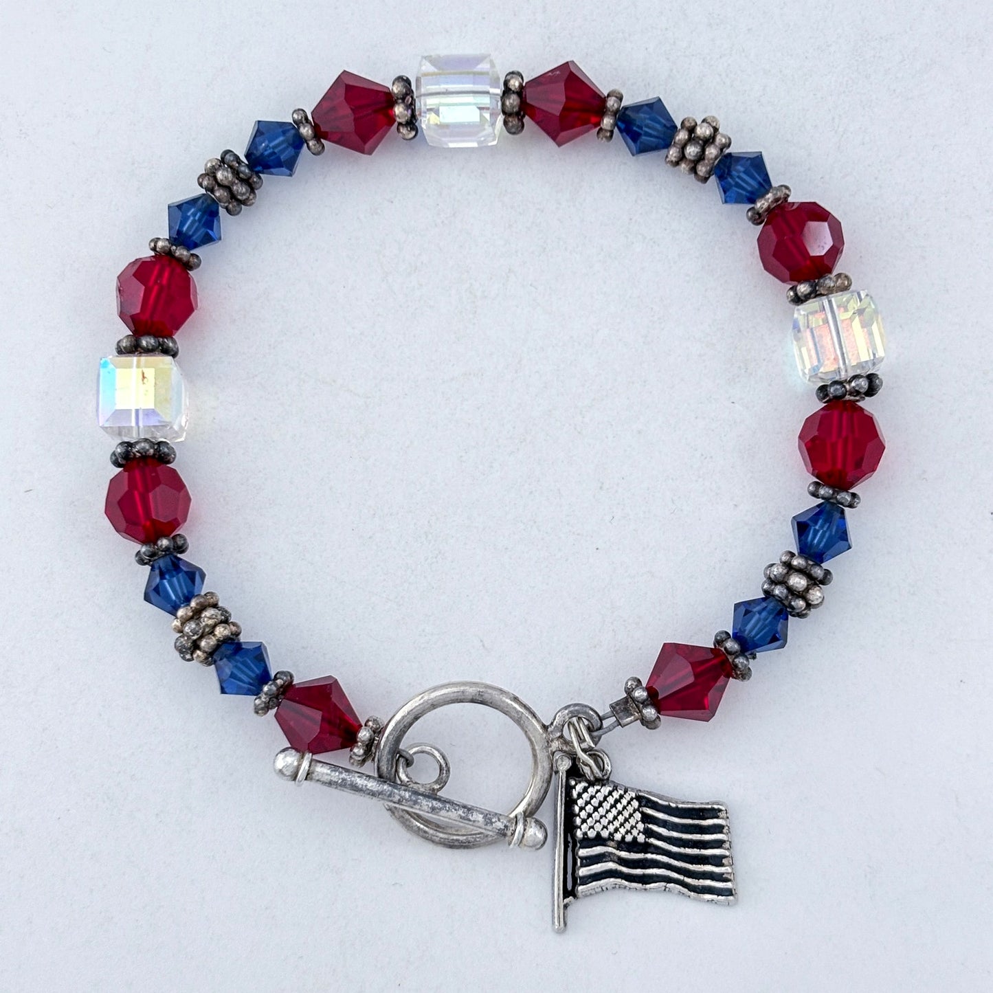 Vintage Sterling Silver 925 Patriotic Crystal Flag Charm Bracelet 7.5"