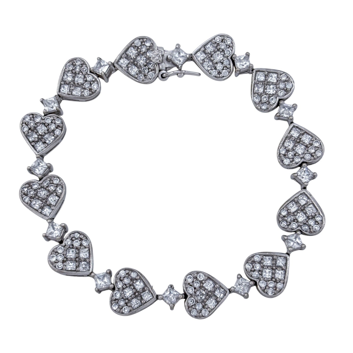 Vintage Sterling Silver 925 Cubic Zirconia Heart Bracelet 7.25"