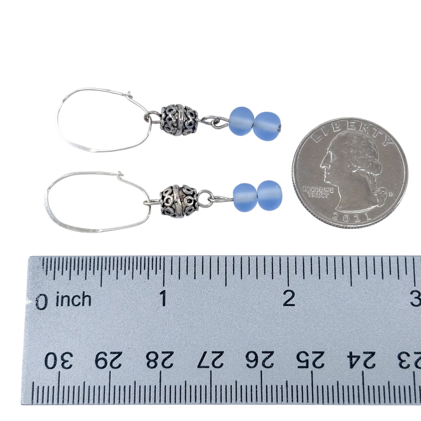 Vintage Sterling Silver 925 Blue Frosted Glass Filigree Drop Earrings