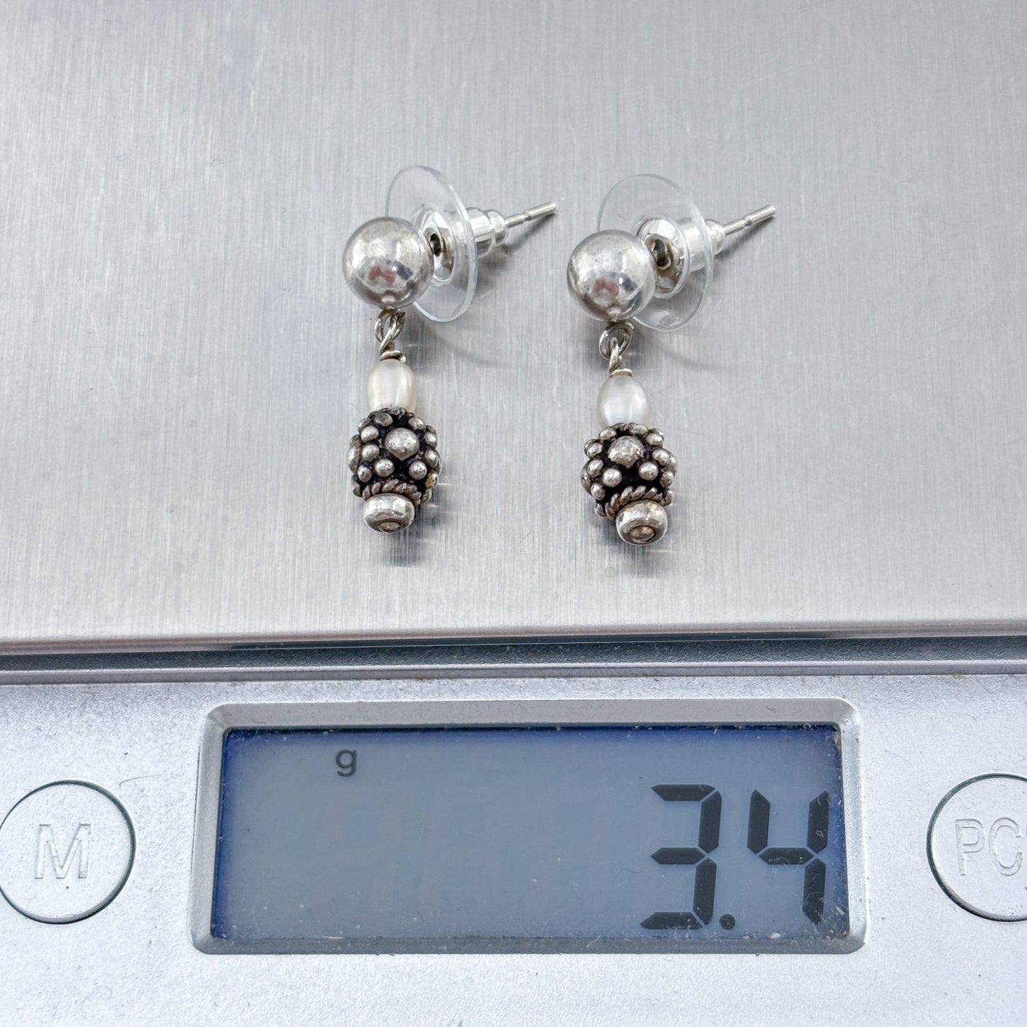 Vintage Sterling Silver 925 Pearl Bead Dangle Stud Earrings
