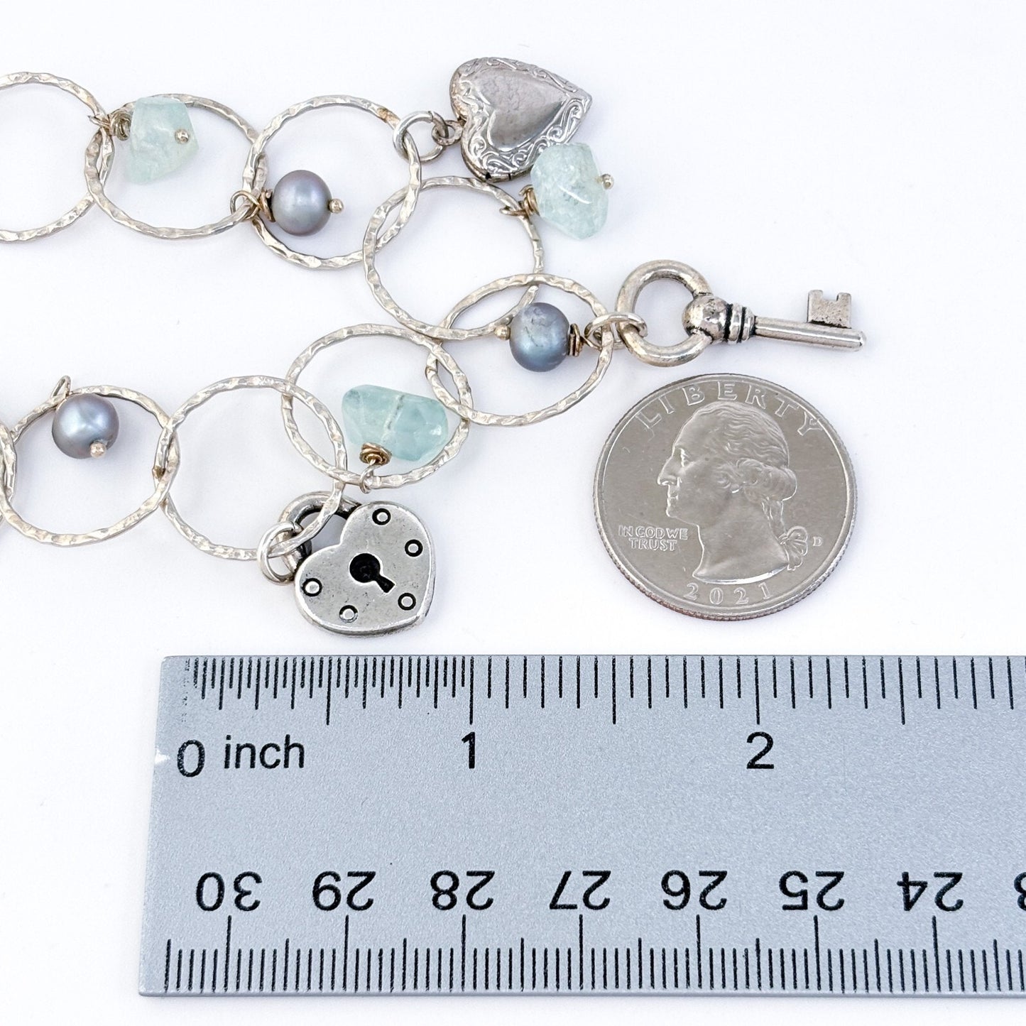 Silver-Plated Aquamarine Faux Pearl Suede Lock Key Heart Charm Necklace 21"