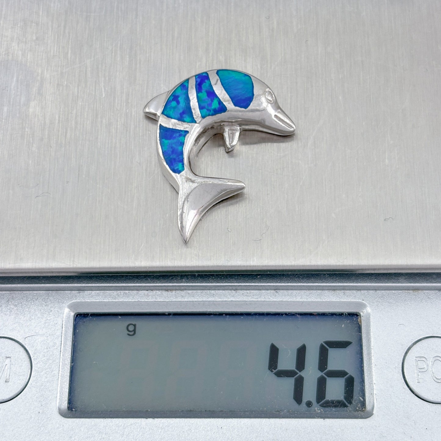 Vintage Sterling Silver 925 Blue Opal Inlay Dolphin Pendant