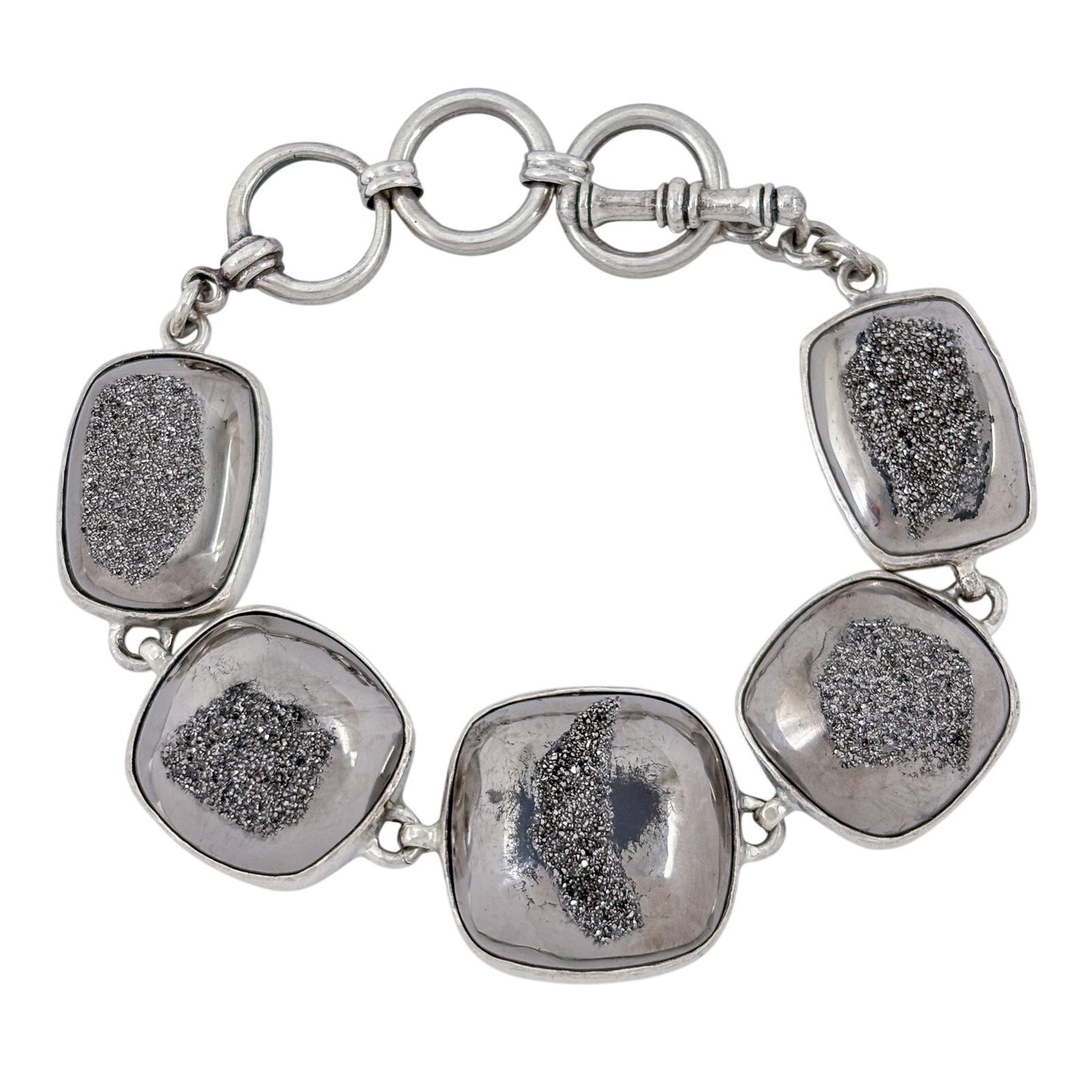 Vintage Sterling Silver 925 Druzy Hematite Link Bracelet 6"-7.5"