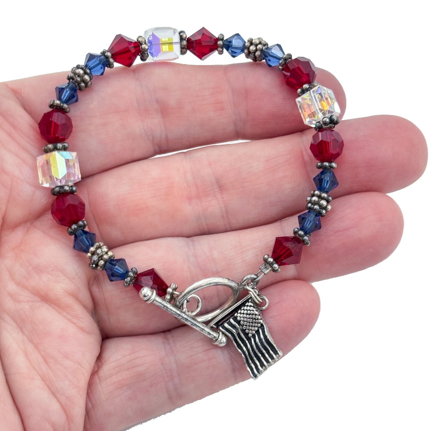 Vintage Sterling Silver 925 Patriotic Crystal Flag Charm Bracelet 7.5"