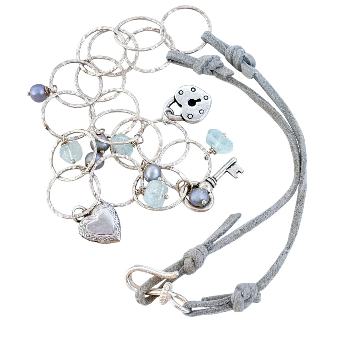 Silver-Plated Aquamarine Faux Pearl Suede Lock Key Heart Charm Necklace 21"