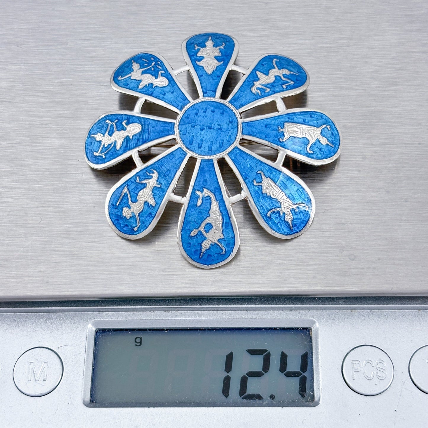 Vintage Sterling Silver 925 Siam Blue Enamel Flower Brooch