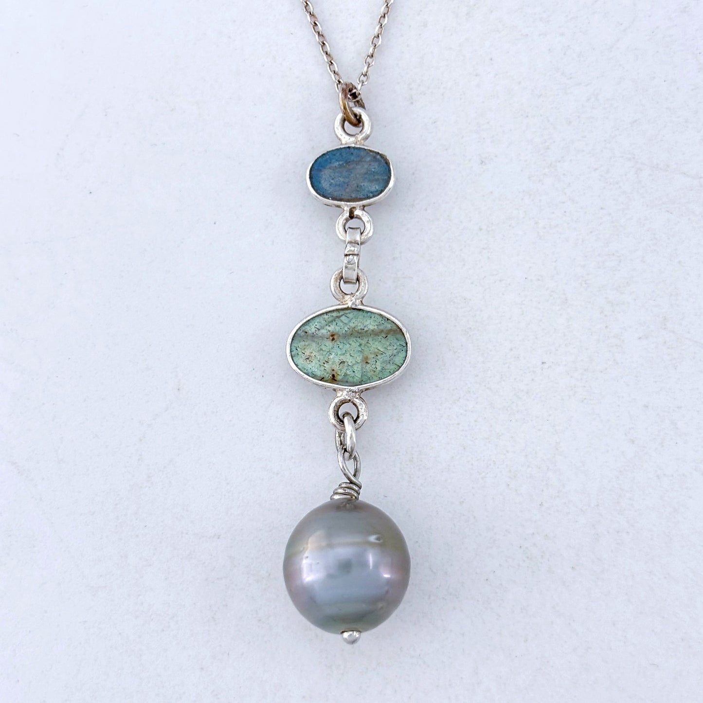 Vintage Sterling Silver 925 Labradorite Pearl Pendant Necklace 18"