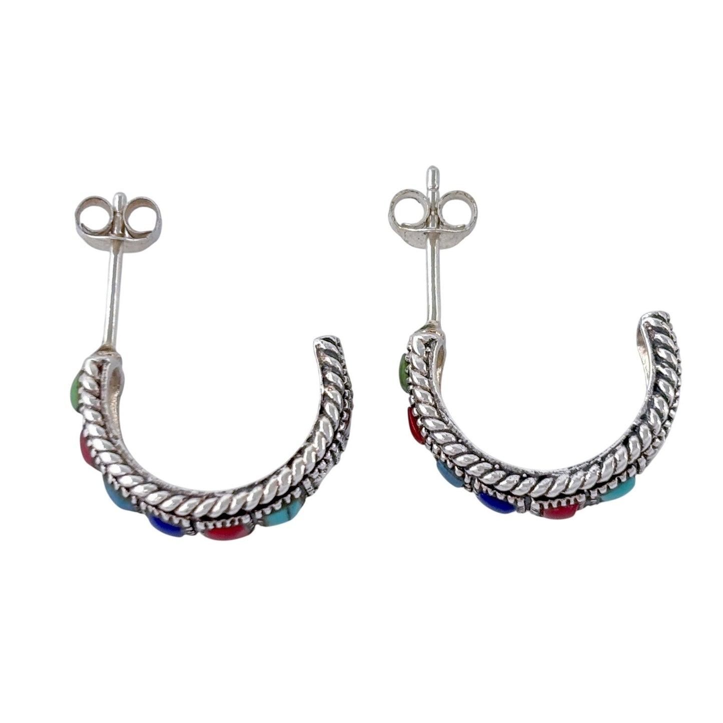 Estate Sterling Silver 925 Multi Gemstone Hoop Earrings