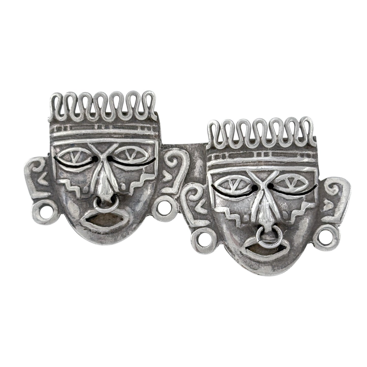 Vintage Sterling Silver 925 Mexico Dual Aztec Mask Brooch