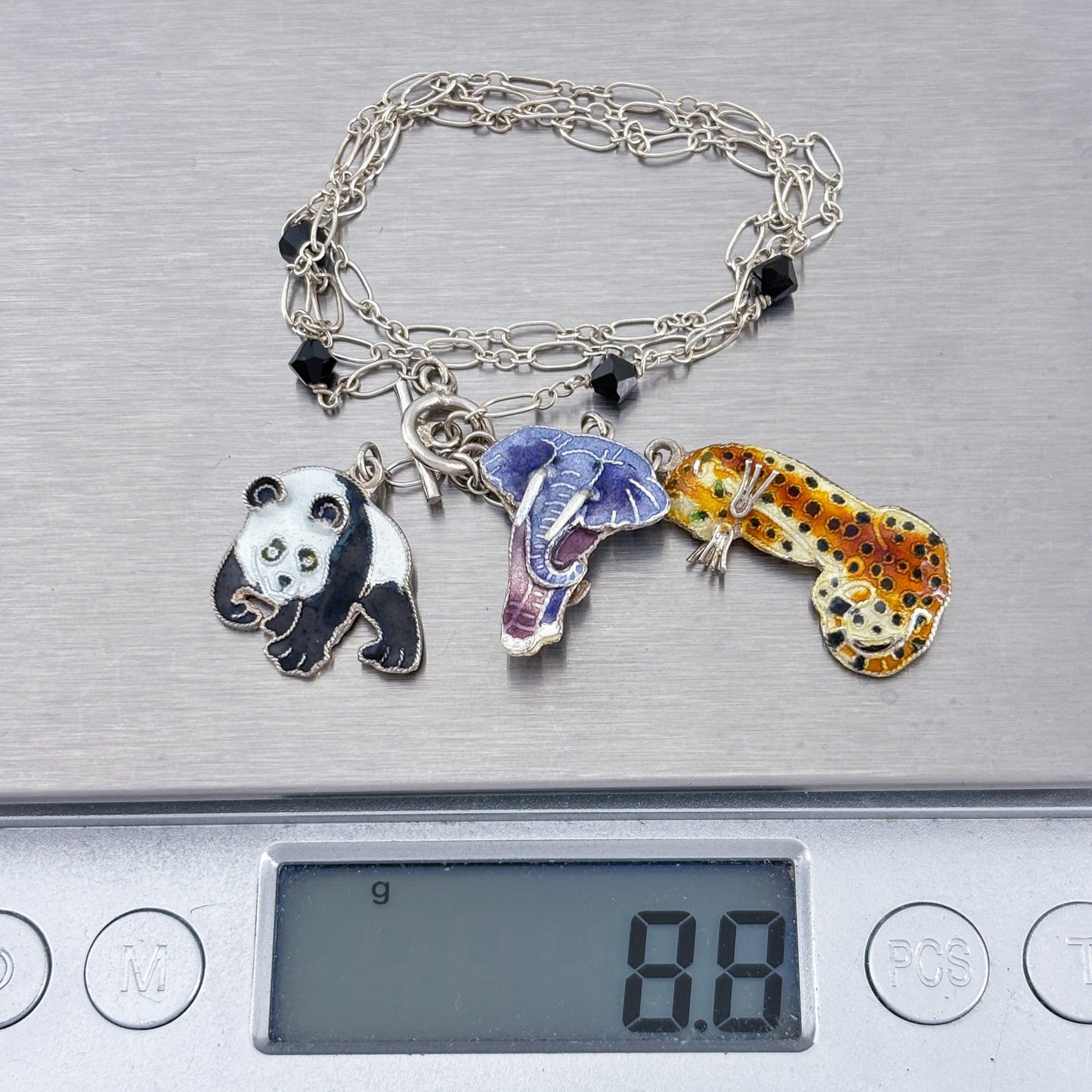 Vintage Sterling Silver 925 Zoo Panda Elephant Leopard Necklace 16"